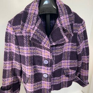 CHEPÈ Italy women’s wool mix coat,purple plaid, with lg buttons Size Large NWT
